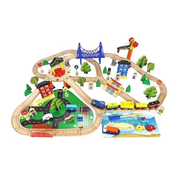 Set Circuit cu Trenulet si Masinute din Lemn pentru Copii 108 piese