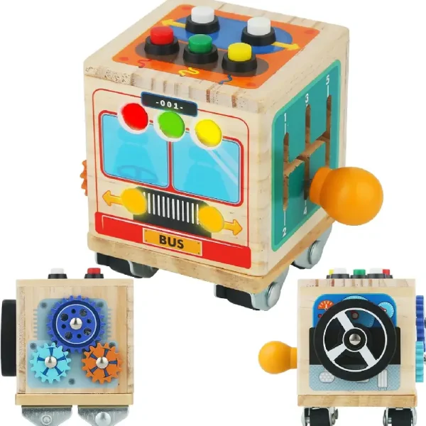 Jucarie Educationala Montessori 6 in 1 Cub Interactiv de Lemn