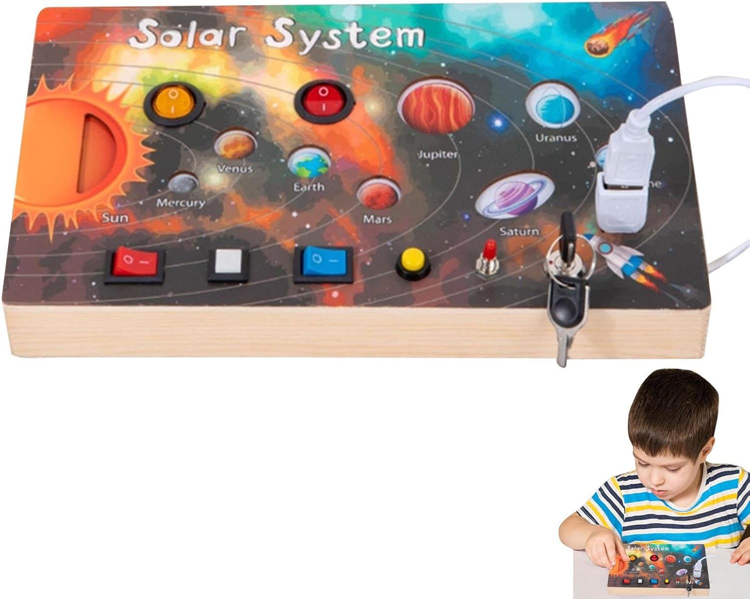 Busy Board Montessori din Lemn cu Lumina Led Sistemul Solar - imagine 2