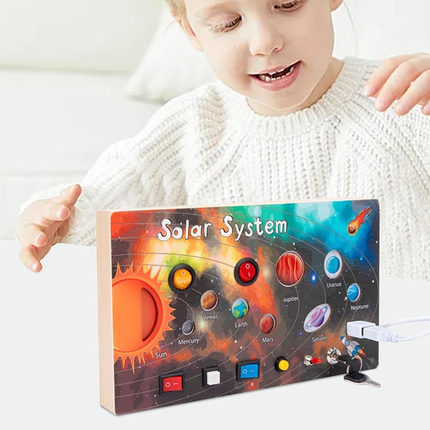 Busy Board Montessori din Lemn cu Lumina Led Sistemul Solar - imagine 3