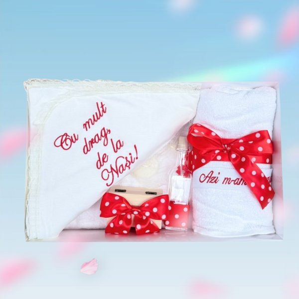 Trusou Botez Complet 7 Piese cu Fundita Rosie si Buline Albe