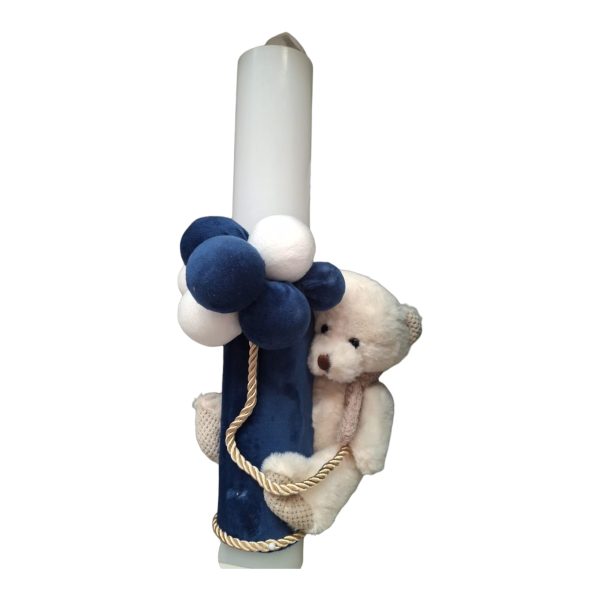 Lumanare de Botez cu Ursulet si Decoratiuni Alb-Albastre 35 cm