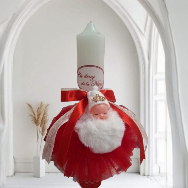 Lumanare de Botez cu Bebelus si Tul Rosu