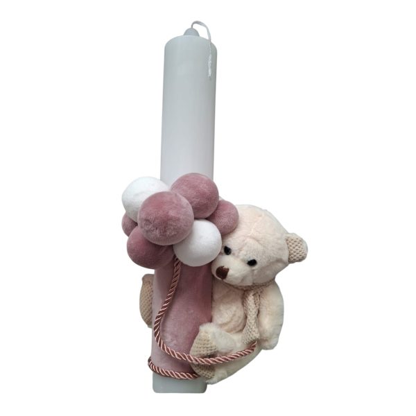 Lumanare de Botez cu Ursulet si Decoratiuni din Plus Roz 35 cm