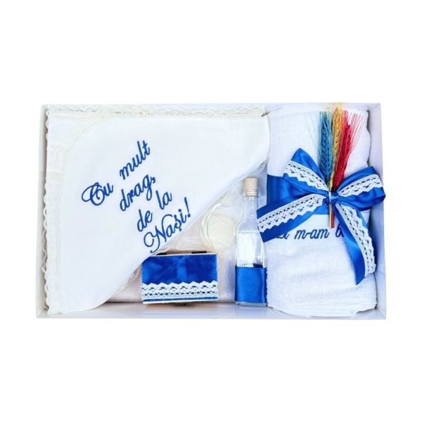 Trusou Botez 7 Piese cu Broderie Albastra si Spice de Grau