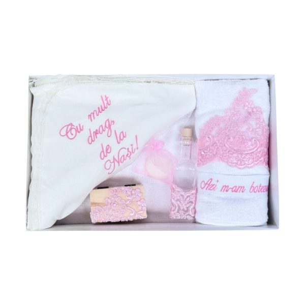 Trusou pentru Botez Elegant cu Dantela Roz si Accesorii