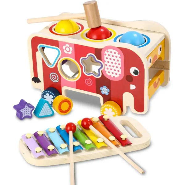 Jucarie Montessori Educationala din Lemn cu Xilofon si Ciocan