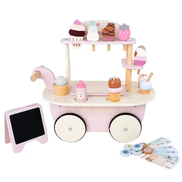 Carucior din Lemn Ice Cream Truck pentru Copii cu Accesorii