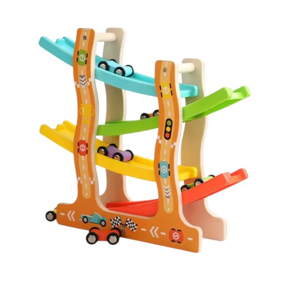 Circuit din Lemn cu 6 Masinute si 4 Piste pentru Copii