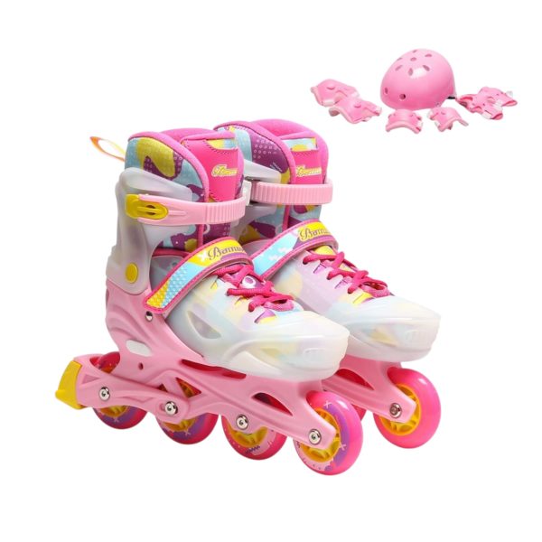 Set Role Copii Reglabile 31-34 cu Casca si Protectii Roz-Alb