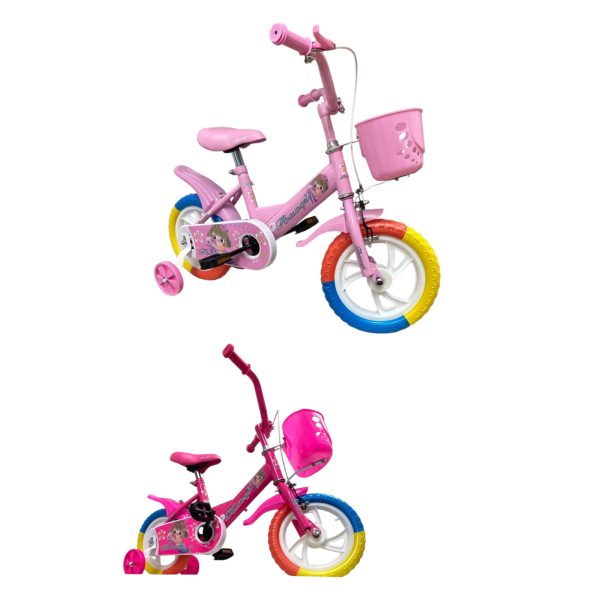 Bicicleta Roz pentru Fetite cu Roti Ajutatoare si Cosulet