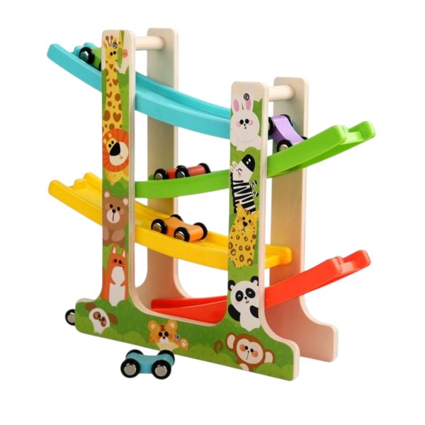 Circuit din Lemn Animalute cu 4 Piste si 6 Masinute pentru Copii