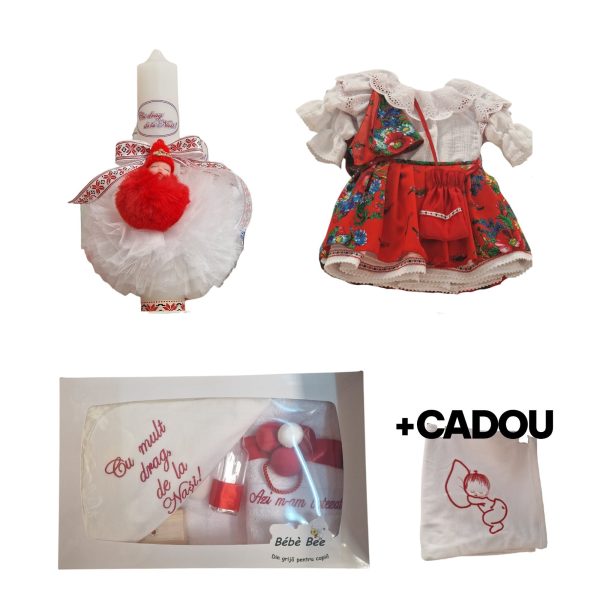 Trusou Botez cu Lumanare si Costum Traditional Fetite si Cadou