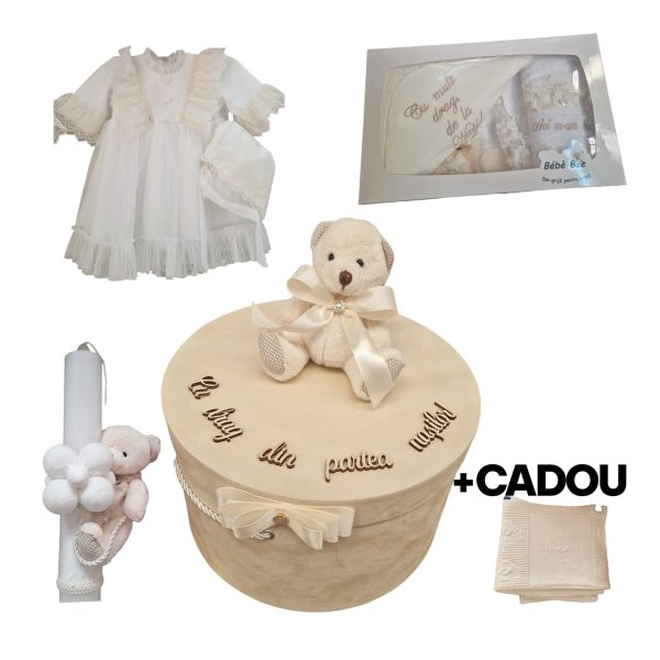 Trusou Botez cu Lumanare Rochita si Cutie Crem Ursulet si Cadou