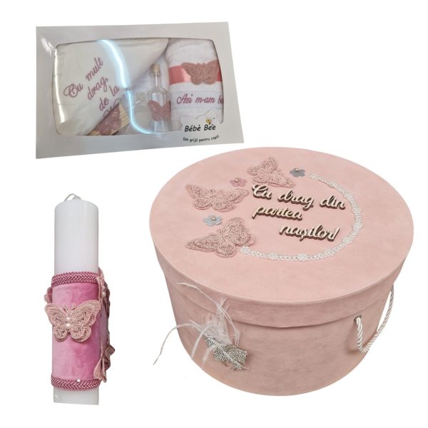 Trusou Complet Botez cu Lumanare si Cutie Roz Fluturas