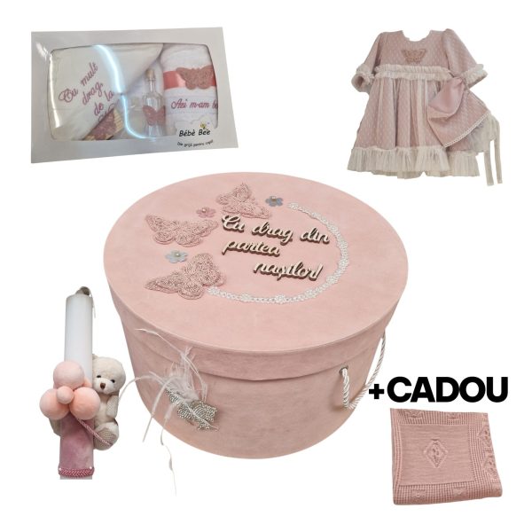 Trusou Botez cu Lumanare Rochita si Cutie Roz Fluturas si Cadou