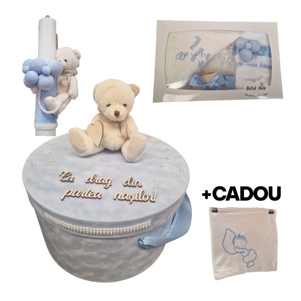 Trusou Botez cu Lumanare si Cutie Bleu Ursulet si Cadou