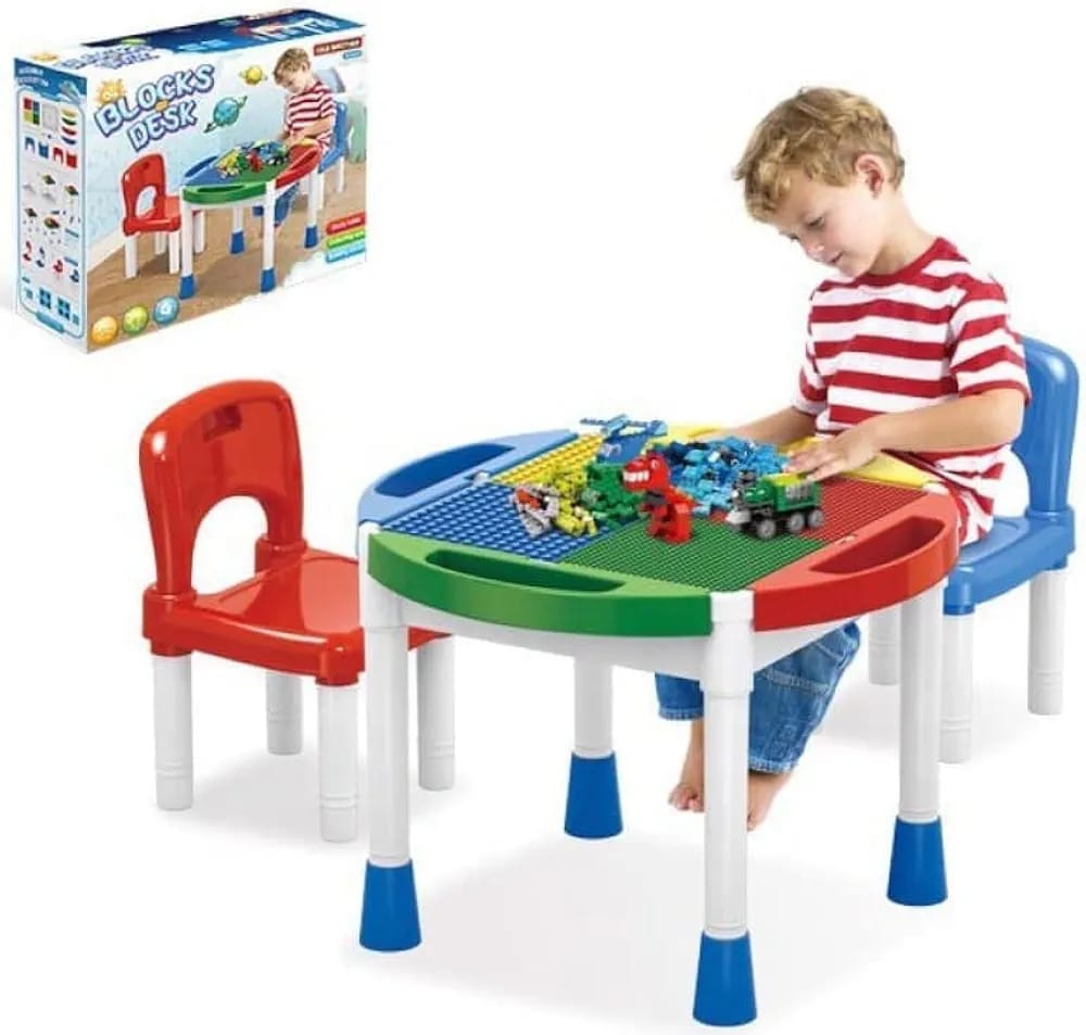 Masuta Constructii Cuburi Lego si Duplo 2 in 1 cu Scaunele